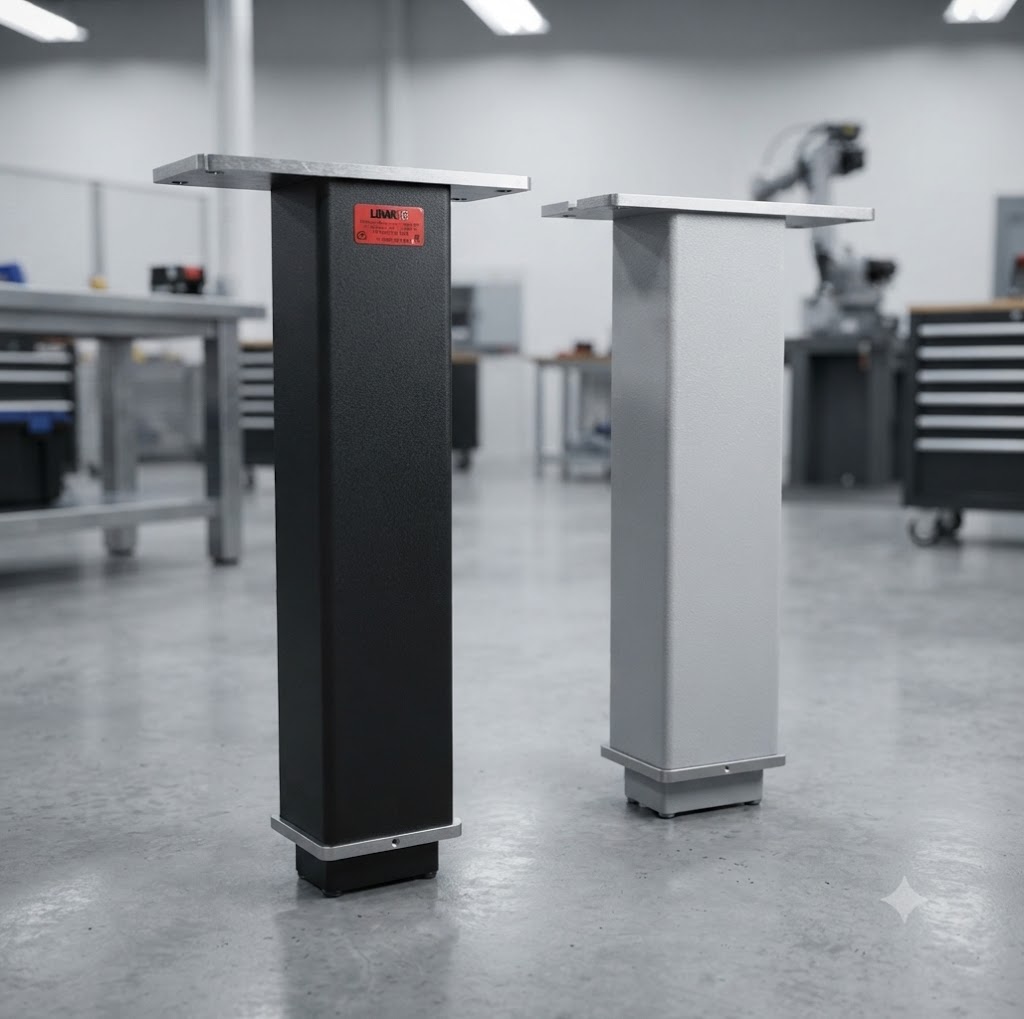 MediMarks electric lifting columns in black and light-grey finishes