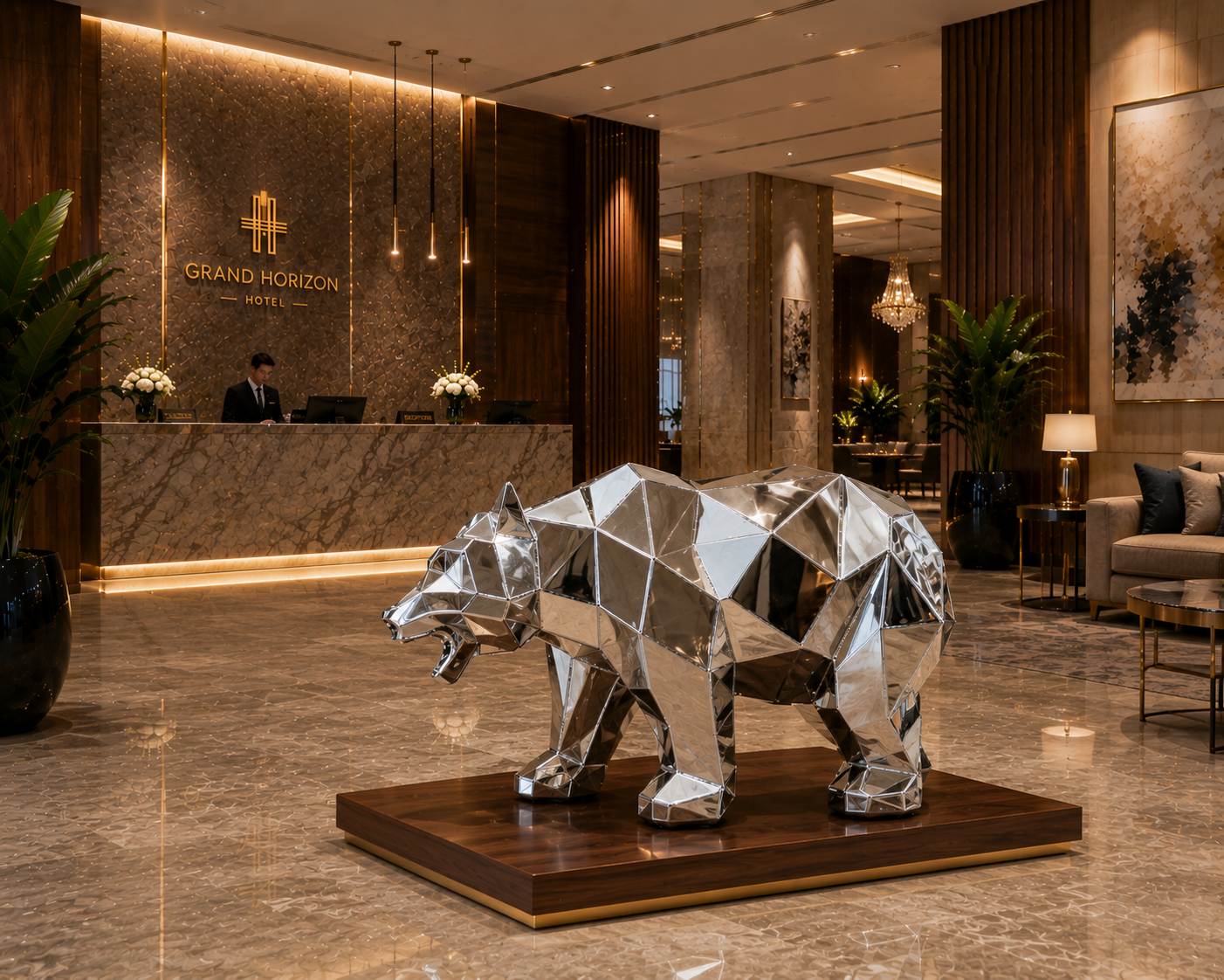 Faceted stainless-steel bear sculpture displayed in a luxury hotel lobby