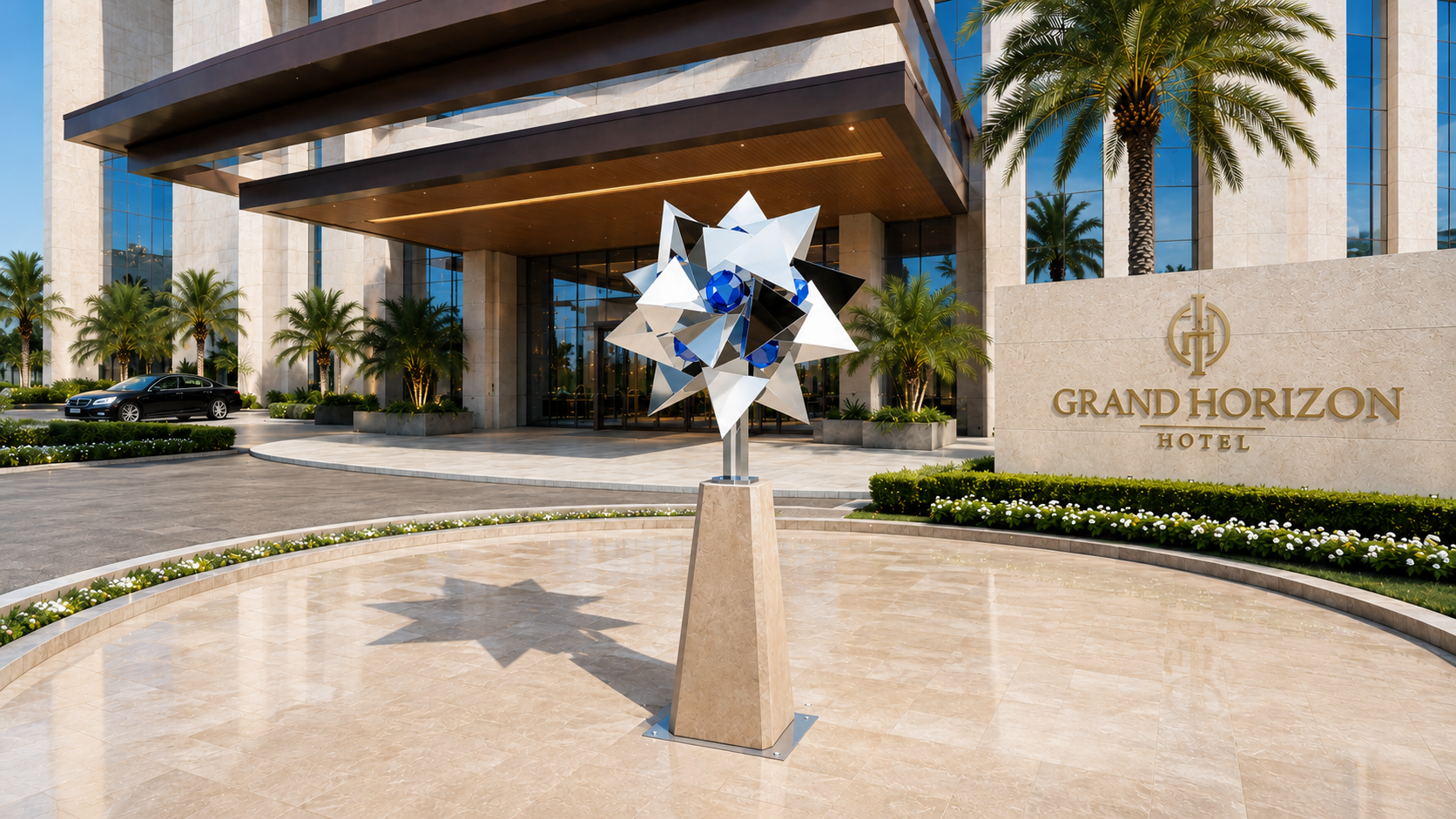 Star Alliance symbol stainless-steel sculpture installed at a hotel entrance in daylight